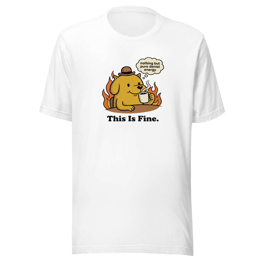 Everything's Fine Coffee Dog Meme Tee — white front view