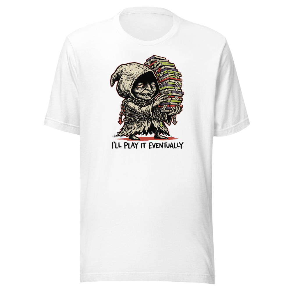 Eternal Sale Backlog Gremlin Linocut Gamer Tee — white front view