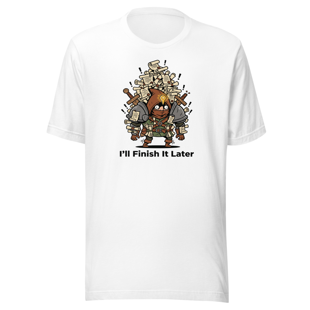 Side Quest Hoarder Retro RPG Gamer Tee — white front view