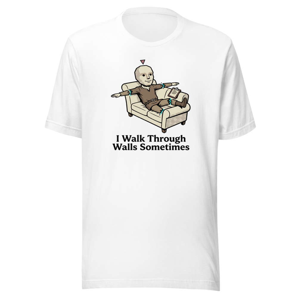 Glitched NPC Therapy Couch Wall-Walk Gamer Tee — white front view
