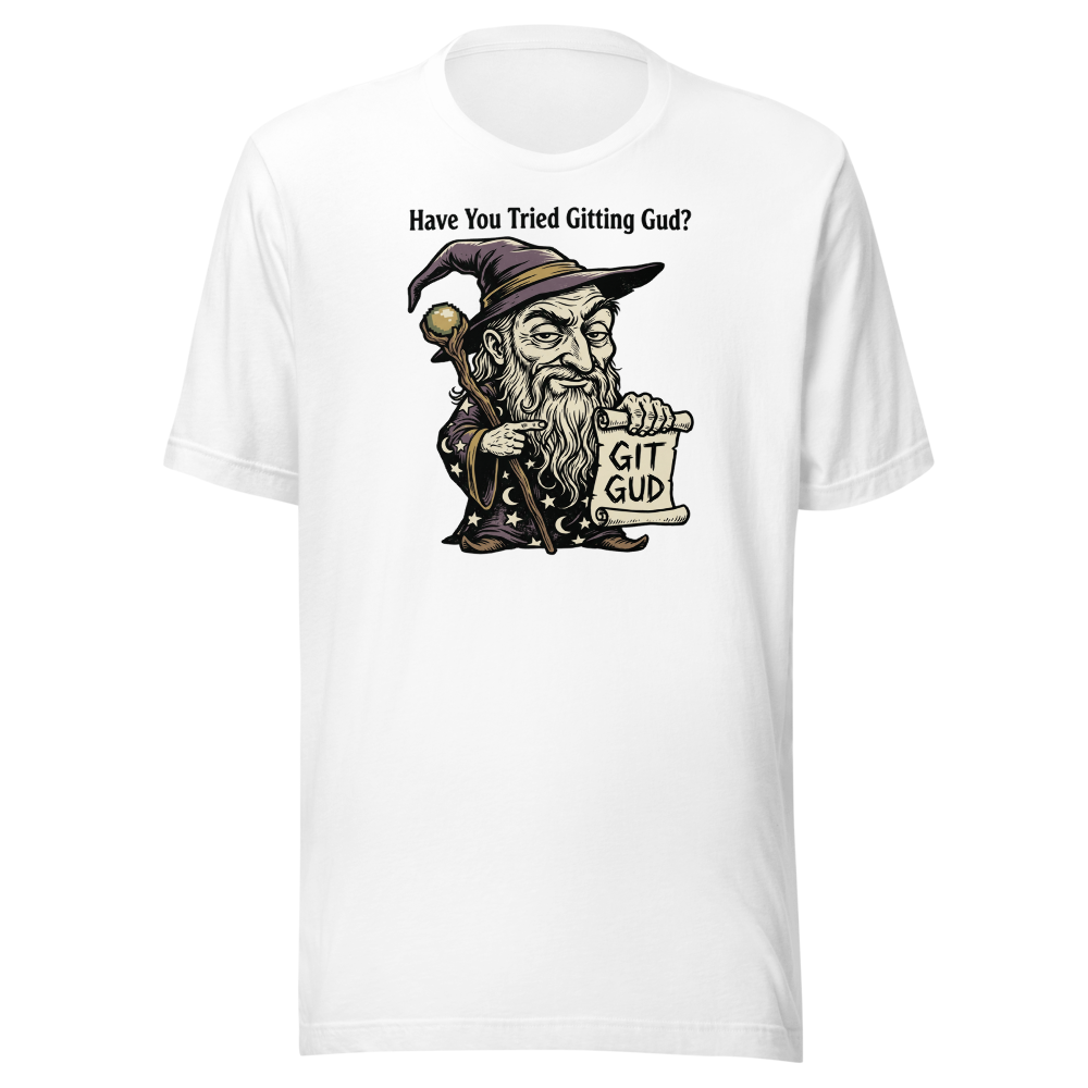 Git Gud Wizard Mentor Woodcut Gamer Meme Tee — white front view
