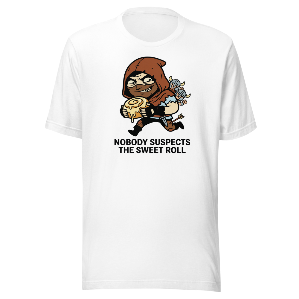 Nobody Suspects The Sweet Roll Retro RPG Thief Tee — white front view