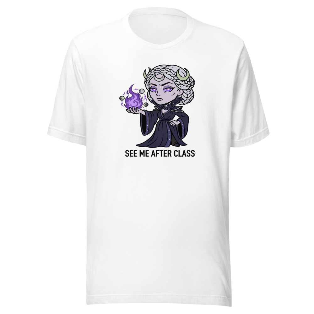 Witch Instructor See Me After Class Spell Tee — white front view