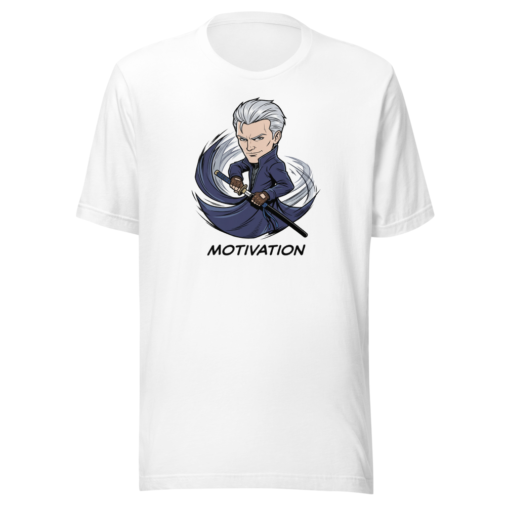 Stoic Swordsman Judgement Slash Motivation Tee — white front view