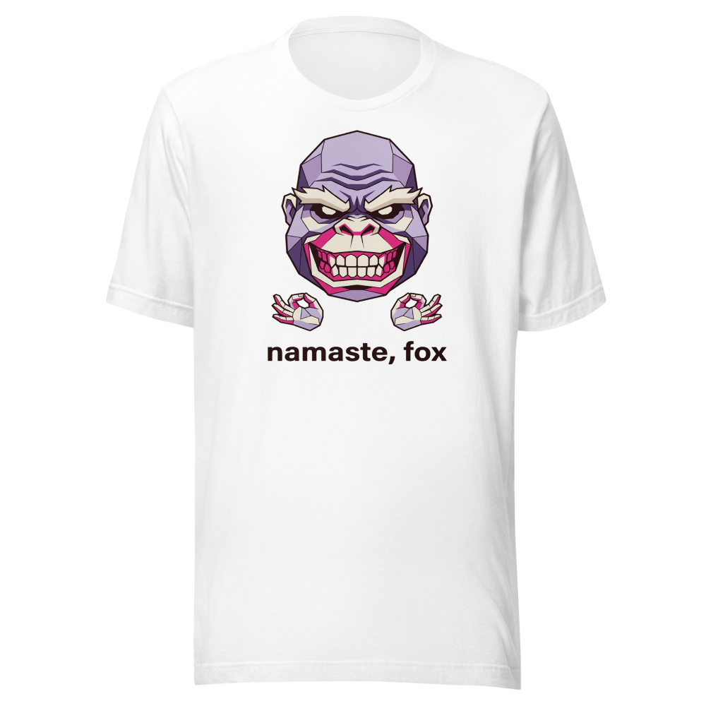 Namaste Fox Meditating Ape Boss Low Poly Tee — white front view