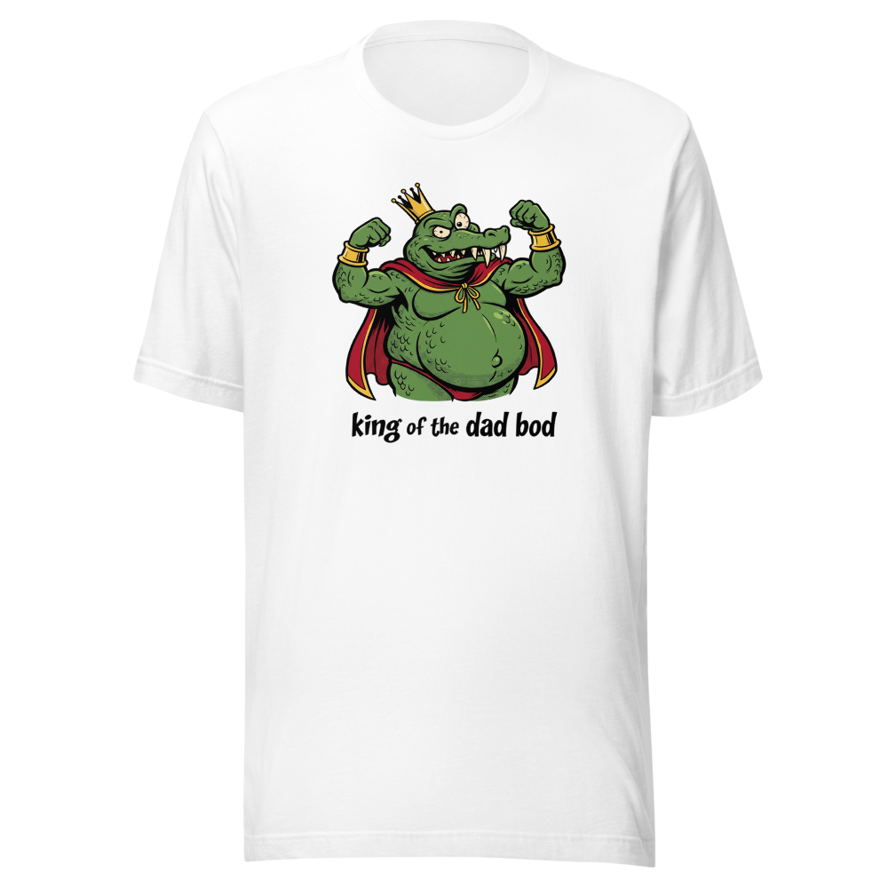 King of the Dad Bod Crocodile Pirate Comic Tee — white front view