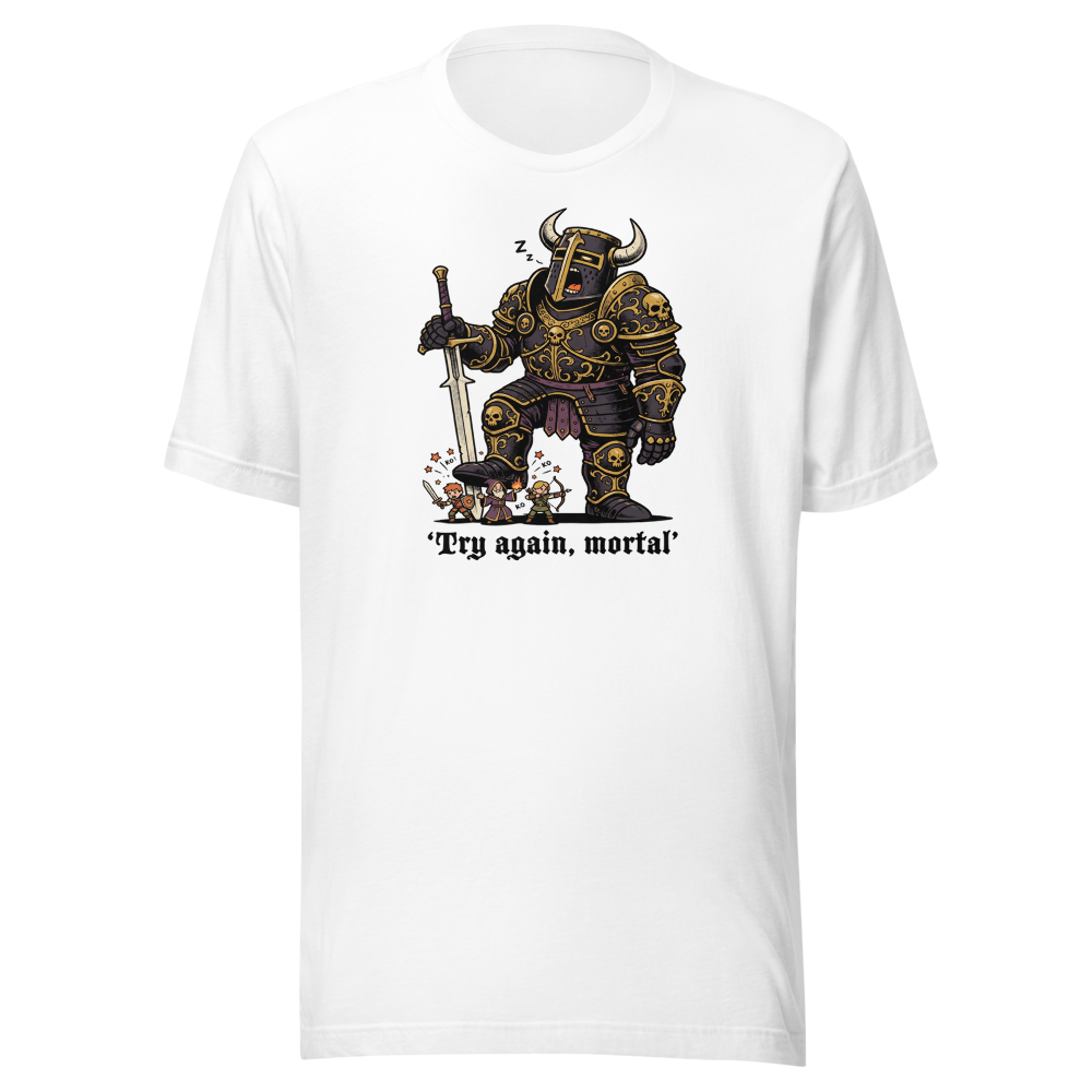 Try Again Mortal Optional Superboss RPG Tee — white front view