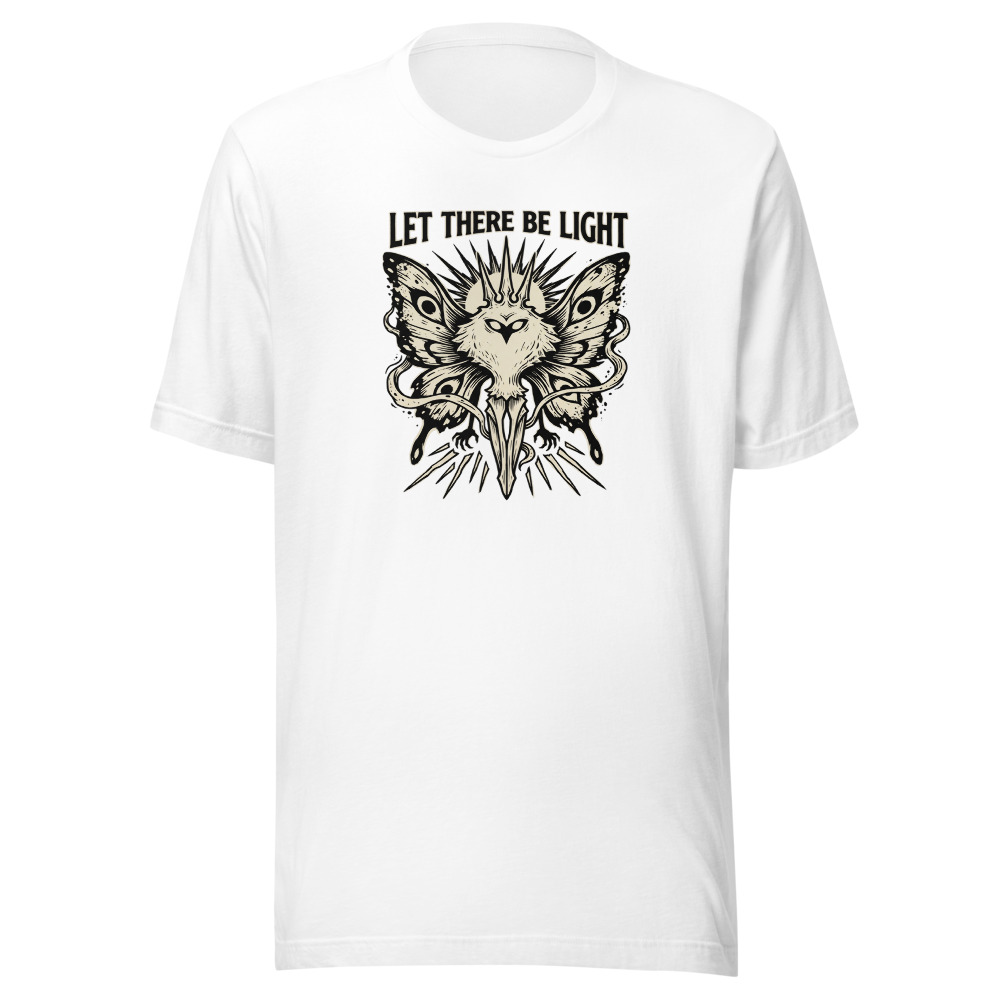 Moth Goddess Blackwork Linocut Let There Be Light Tee — white front view