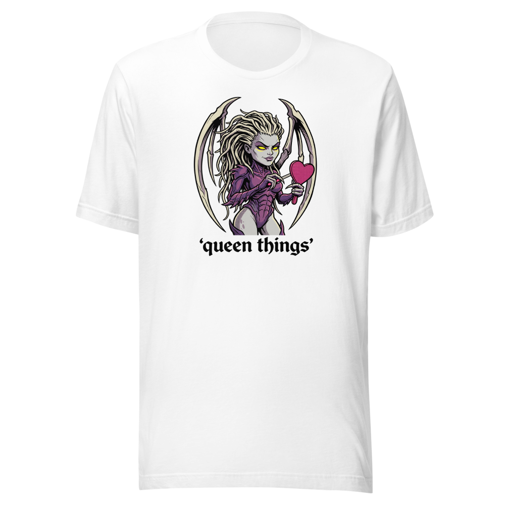 Queen Things Bone-Blade Vanity Boss Comic Ink Tee — white front view
