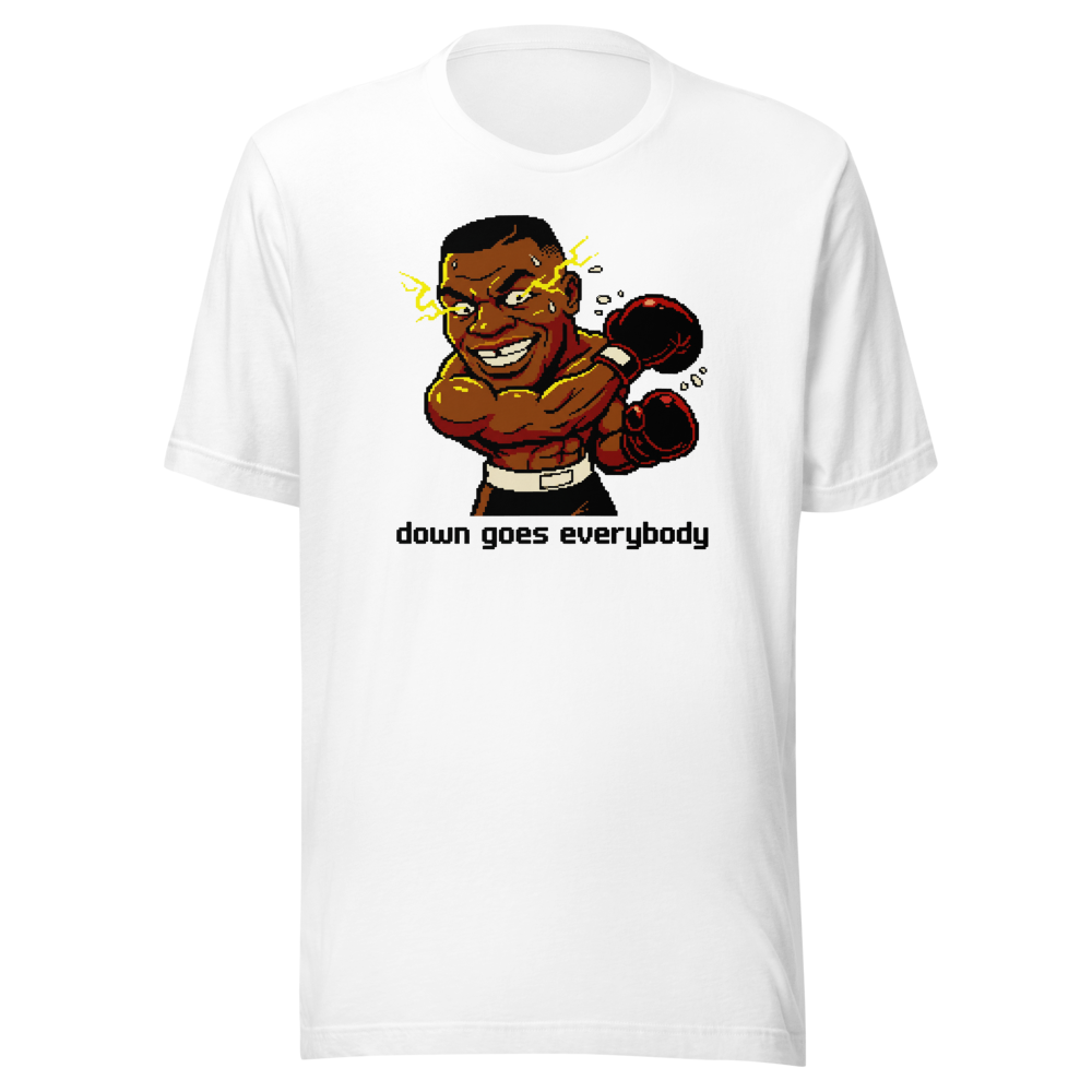 16-Bit Pixel Boxer Down Goes Everybody Retro Tee — white front view