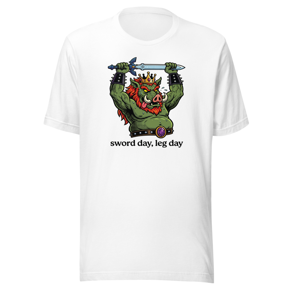 Sword Day Leg Day Boar King Boss Workout Tee — white front view