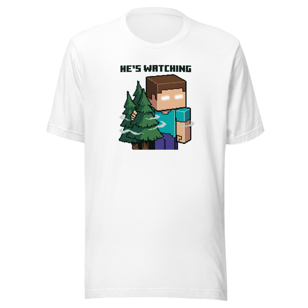 He's Watching Pixel Lurker Retro Sandbox Tee — white front view