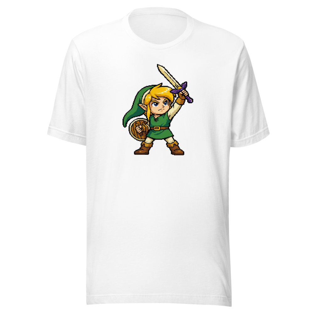 16-Bit Pixel Hero Sword Raise Retro Gamer Tee — white front view