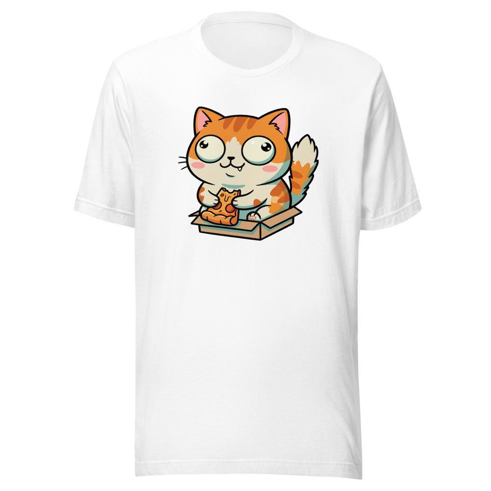 Chibi Pizza Cat Cardboard Box Zoomies Kawaii Tee — white front view
