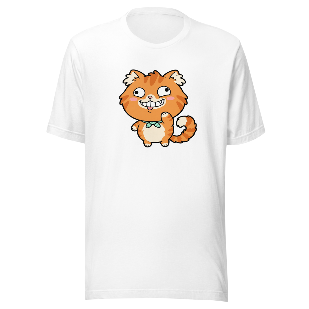 Derpy Orange Tabby Chibi Meme Cat Tee — white front view