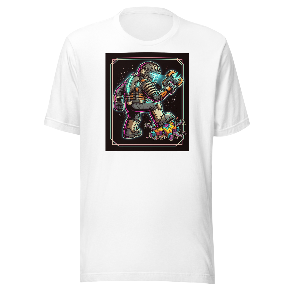 Haunted Space Engineer Piñata Stomp Neon Noir Tee — white front view