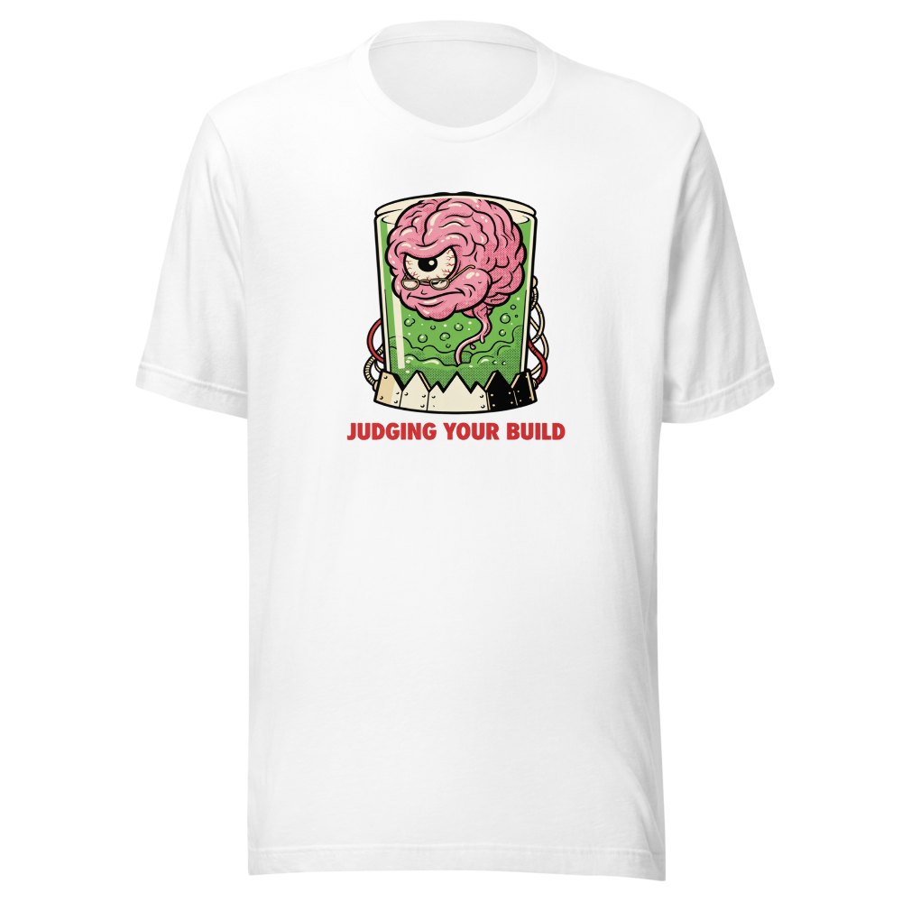 Judging Your Build Brain in a Jar Boss Tee — Premium Tee — white front view