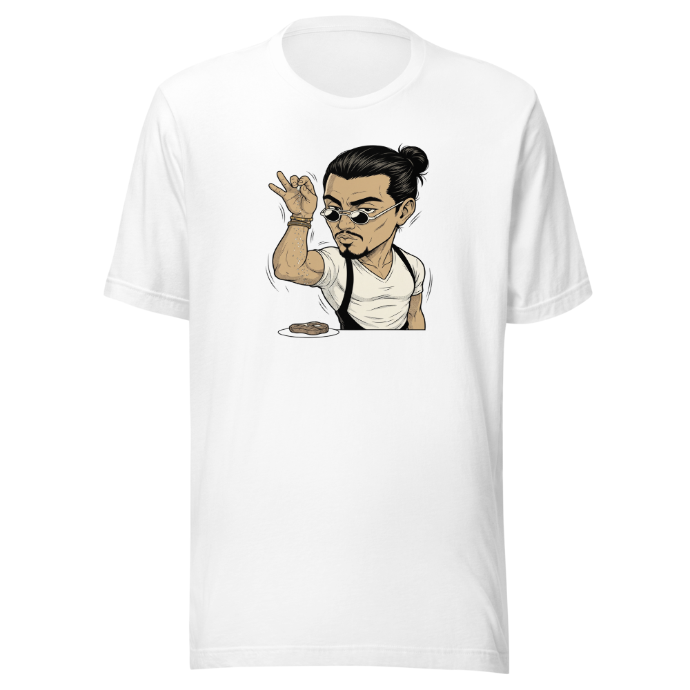 Smug Chef Salt Sprinkle Manga Line Art Meme Tee — white front view