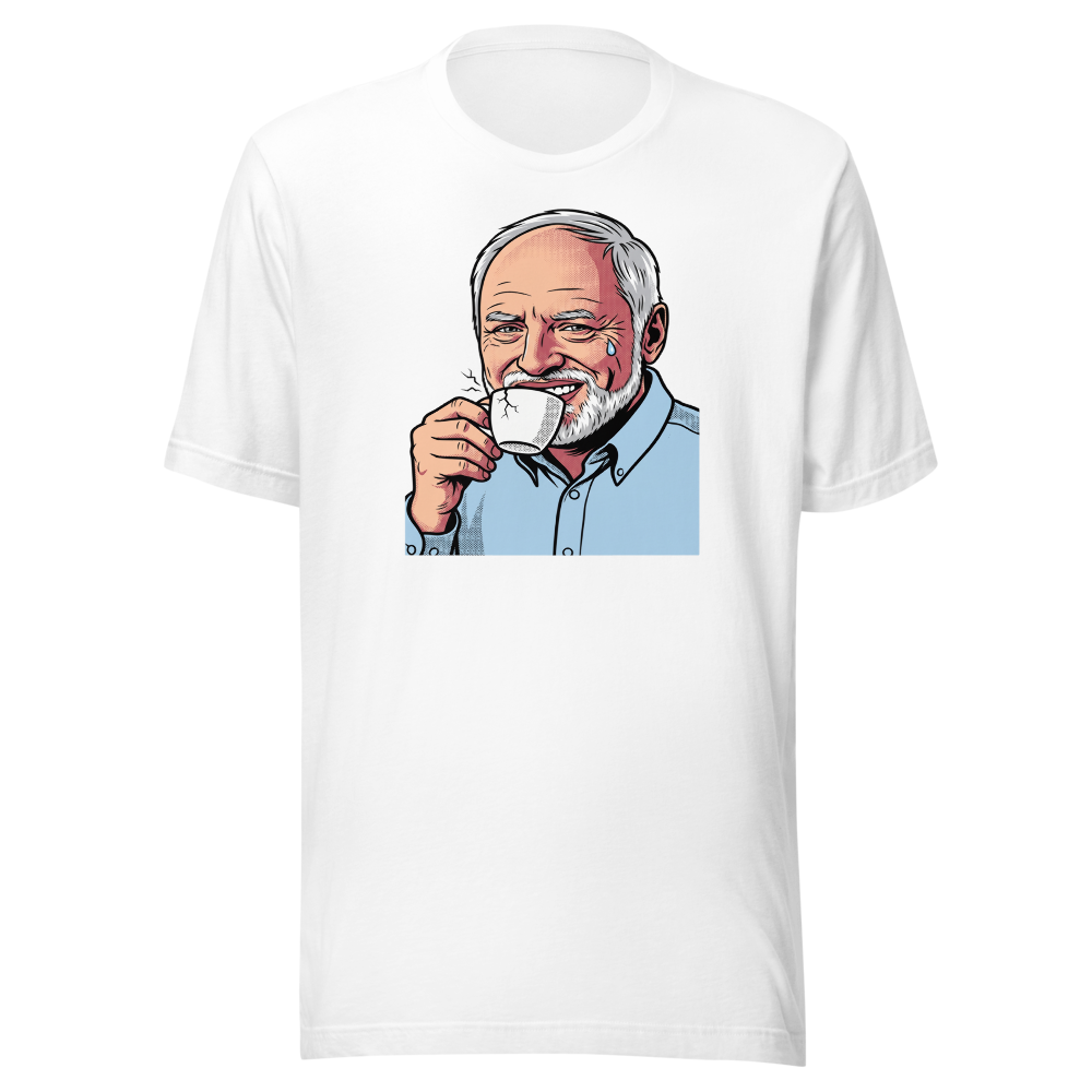 Fake Smile Coffee Guy Halftone Pop Art Meme Tee — white front view