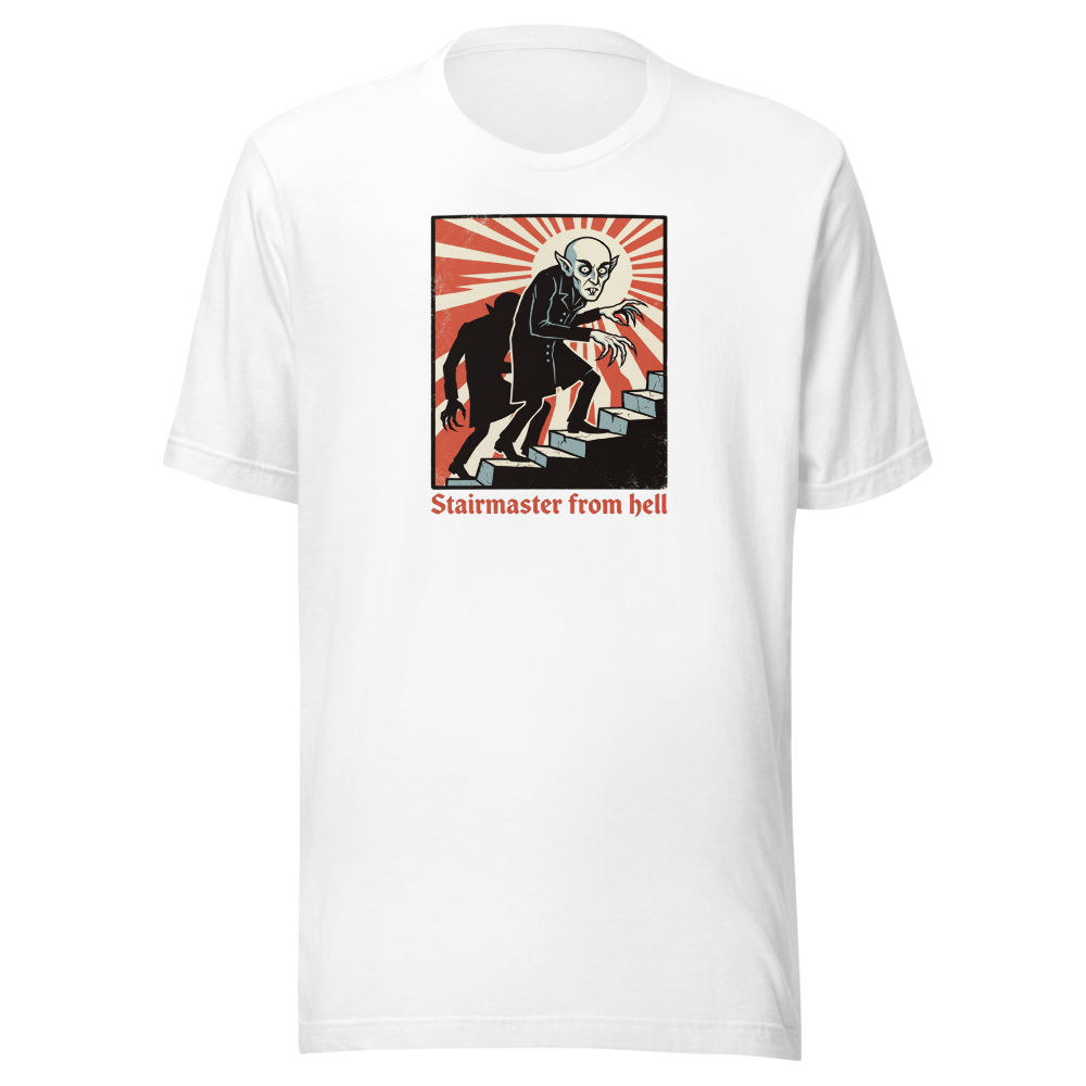 Stairmaster From Hell Vintage Vampire Horror Tee â€” White front view