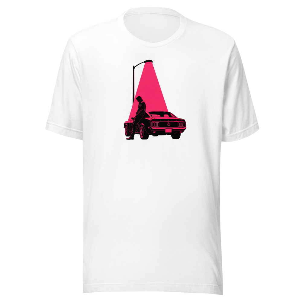 Neon Noir Midnight Driver Muscle Car Silhouette Tee â€” White front view