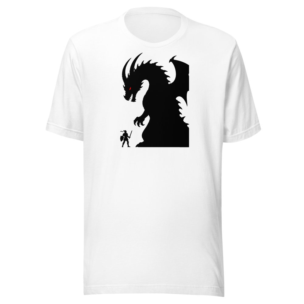Tiny Hero Giant Boss Silhouette Minimalist Gamer T-Shirt — Premium Tee — white front view
