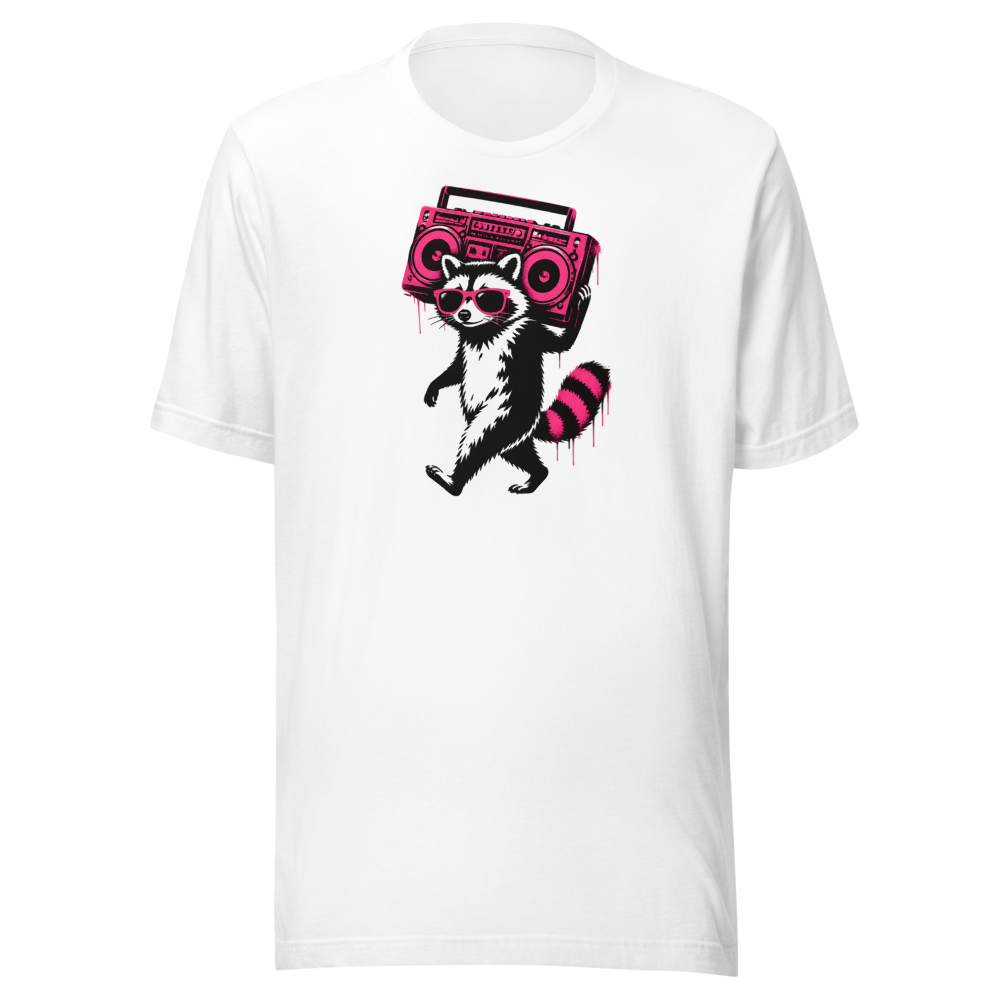 Stencil Raccoon With Boombox Street Art Tee — white front view