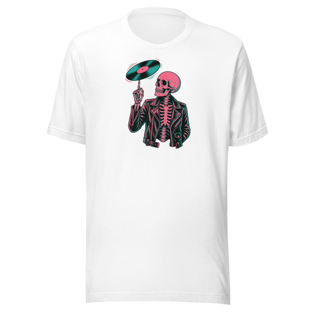 Riso Skeleton Vinyl Spin Gig Poster Punk Rock Tee — white front view