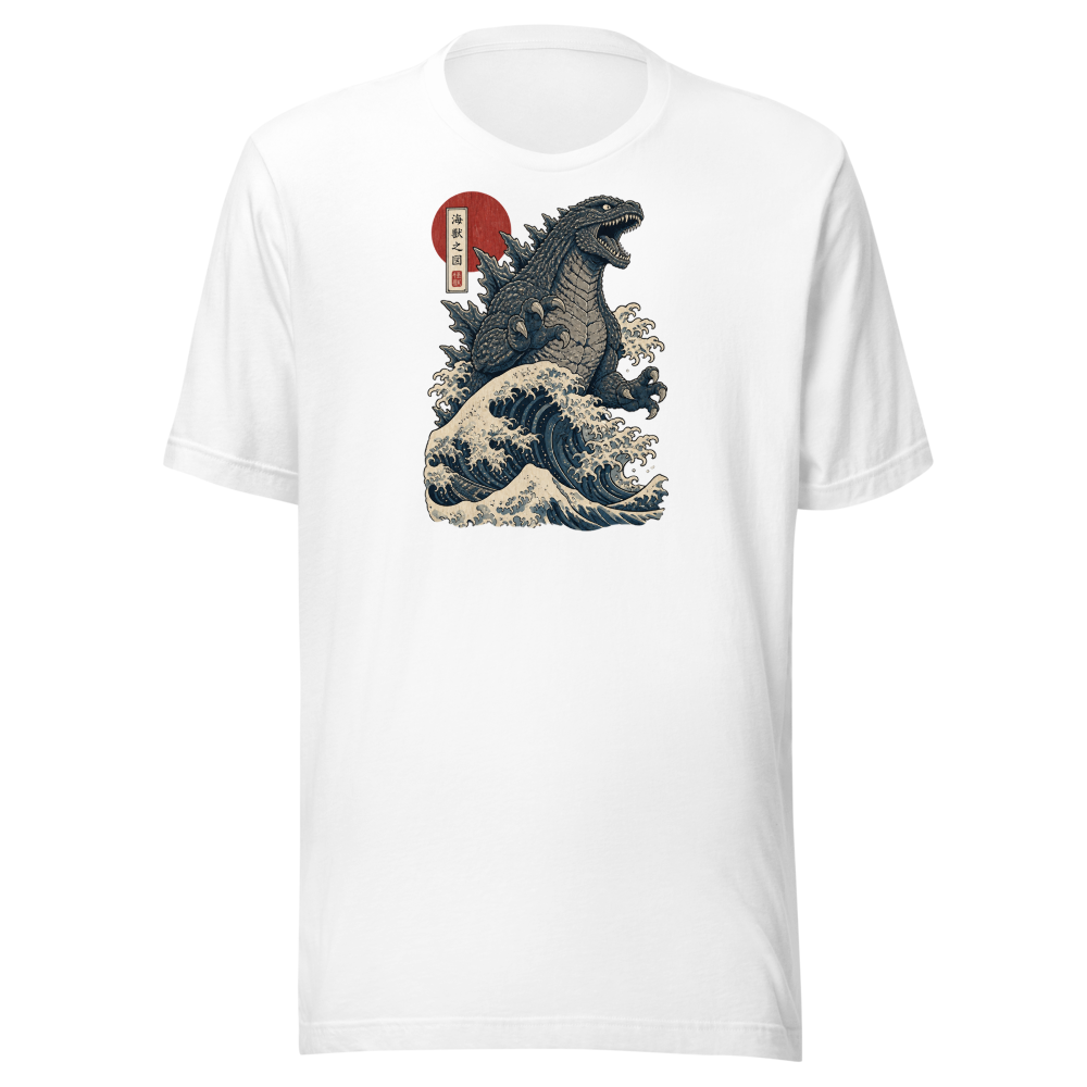 Sea Monster Great Wave Woodblock Print Tee — white front view