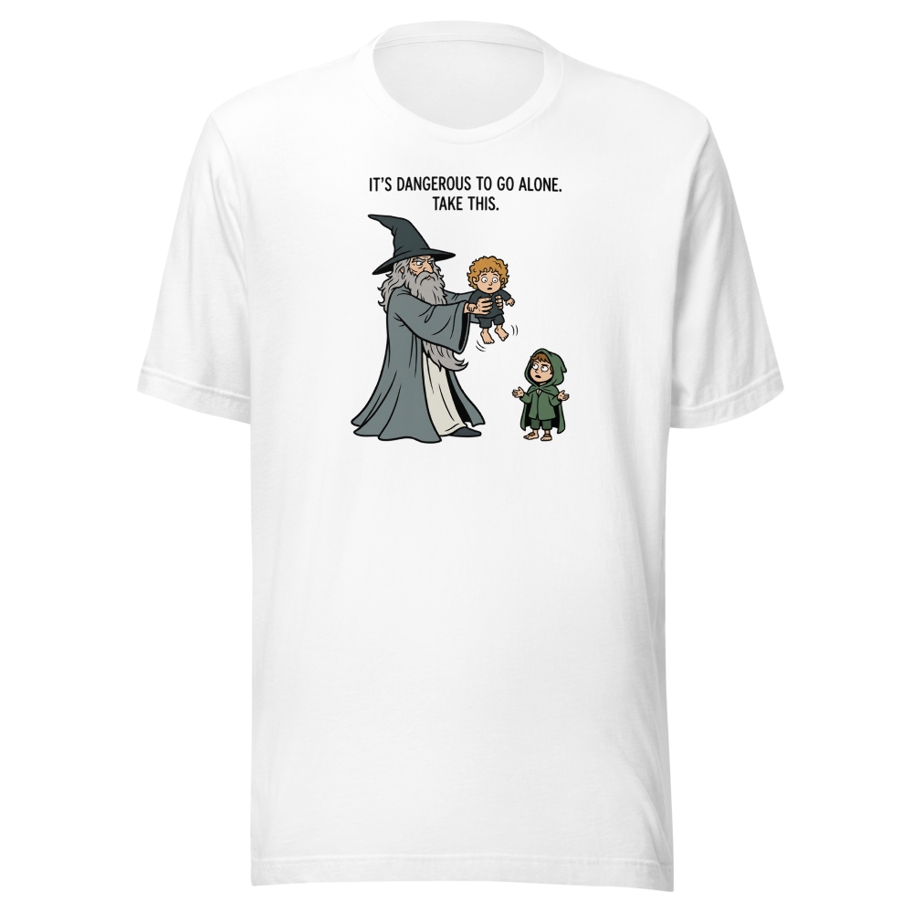 Wizard Hands Off Tiny Hobbit Fantasy Parody Tee — Premium Tee — white front view