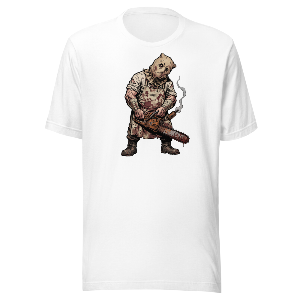 Sack Mask Chainsaw Executioner Horror Tee — white front view