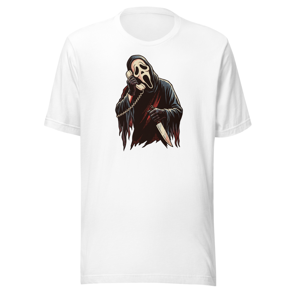 Masked Phone Caller On Hold Halftone Horror Tee — white front view