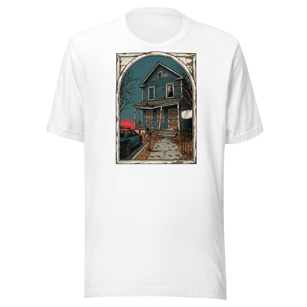 Haunted House Halloween Night Screen Print Horror Tee — Premium Tee — white front view