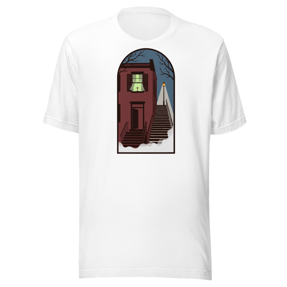 Haunted Row House Stone Stairs Horror Night Tee — Premium Tee — white front view