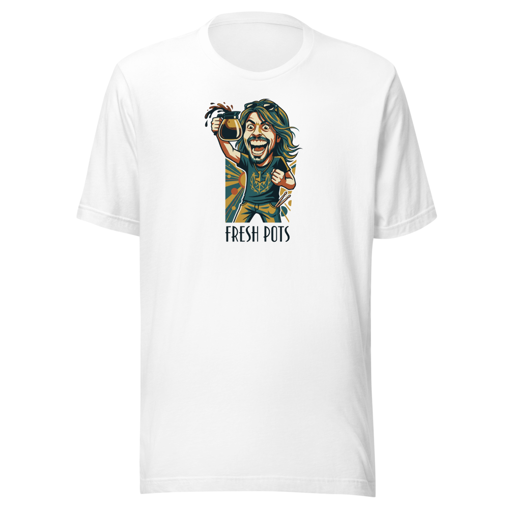 Fresh Pots Coffee Fueled Rock Drummer Art Deco Poster Tee — Premium Tee — white front view