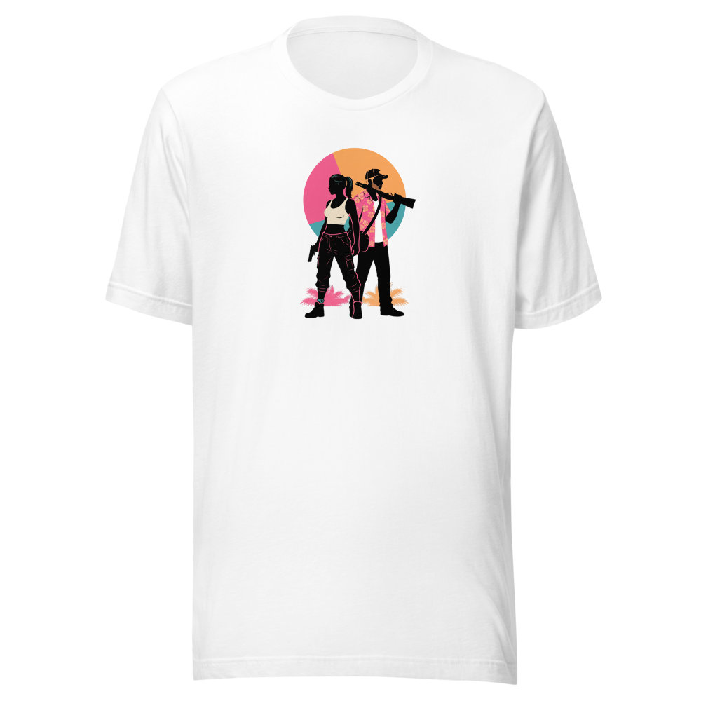 Outlaw Couple Neon Sunset Crime Duo Graphic Tee — white front view