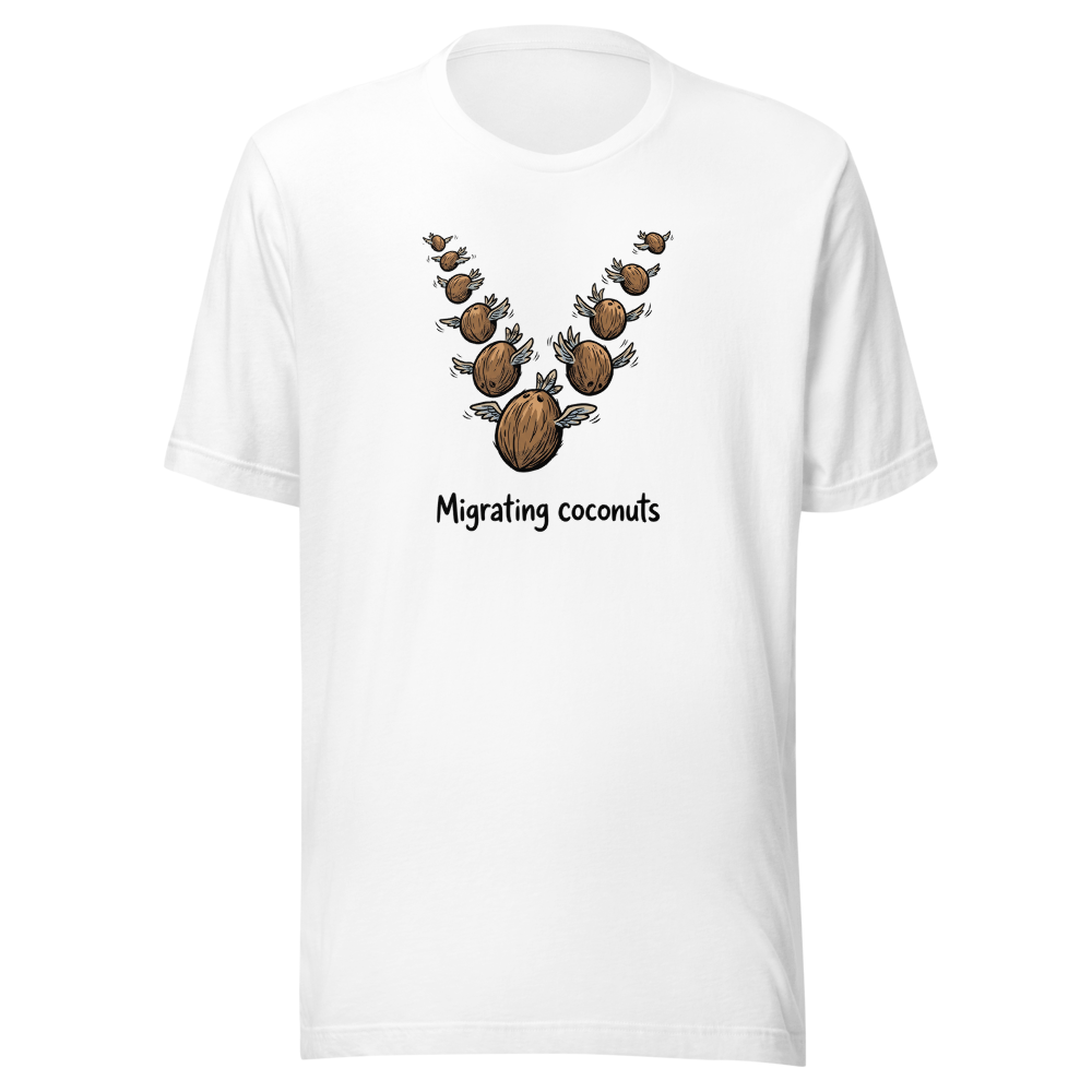 Migrating Coconuts V Formation Absurd Comedy Tee — Premium Tee — white front view