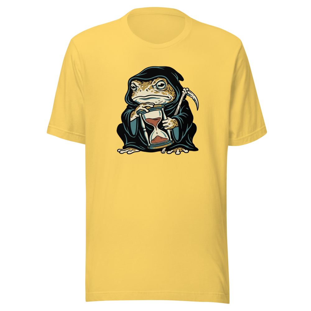 Hooded Toad Reaper Hourglass Macabre Tee — Men's Premium Tee — yellow front view