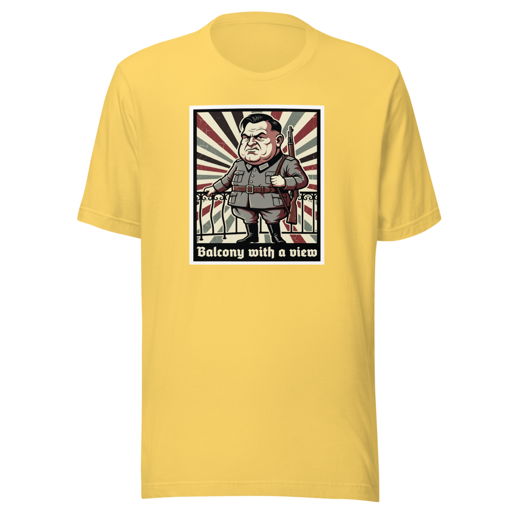 Balcony With A View Propaganda Villain Parody Tee — Men's Premium Tee — yellow front view