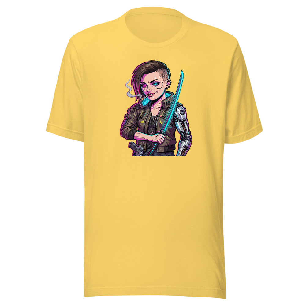 Neon Night City Chrome Merc Katana Tee — yellow front view