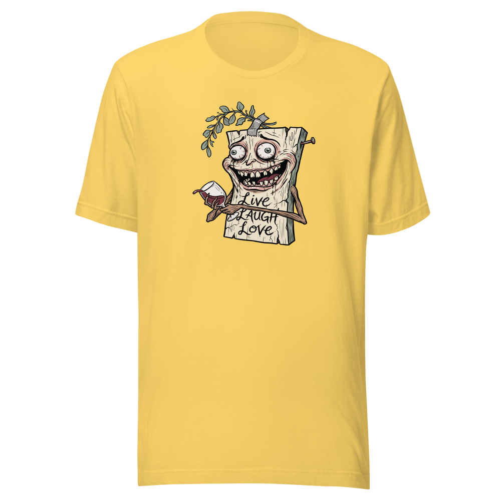 Cursed Farmhouse Plaque Meltdown Parody Tee — yellow front view