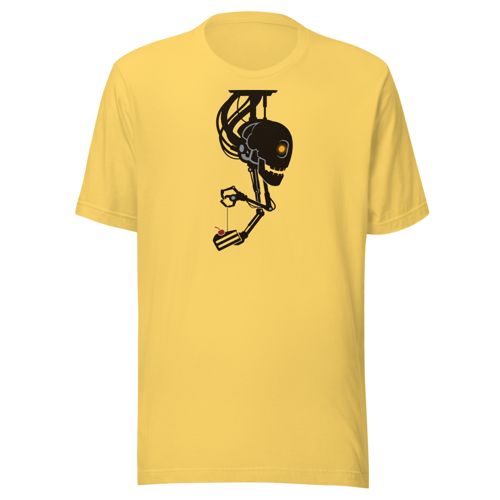 Sarcastic Ceiling AI Dangling Cake Silhouette Tee — Premium Tee — yellow front view