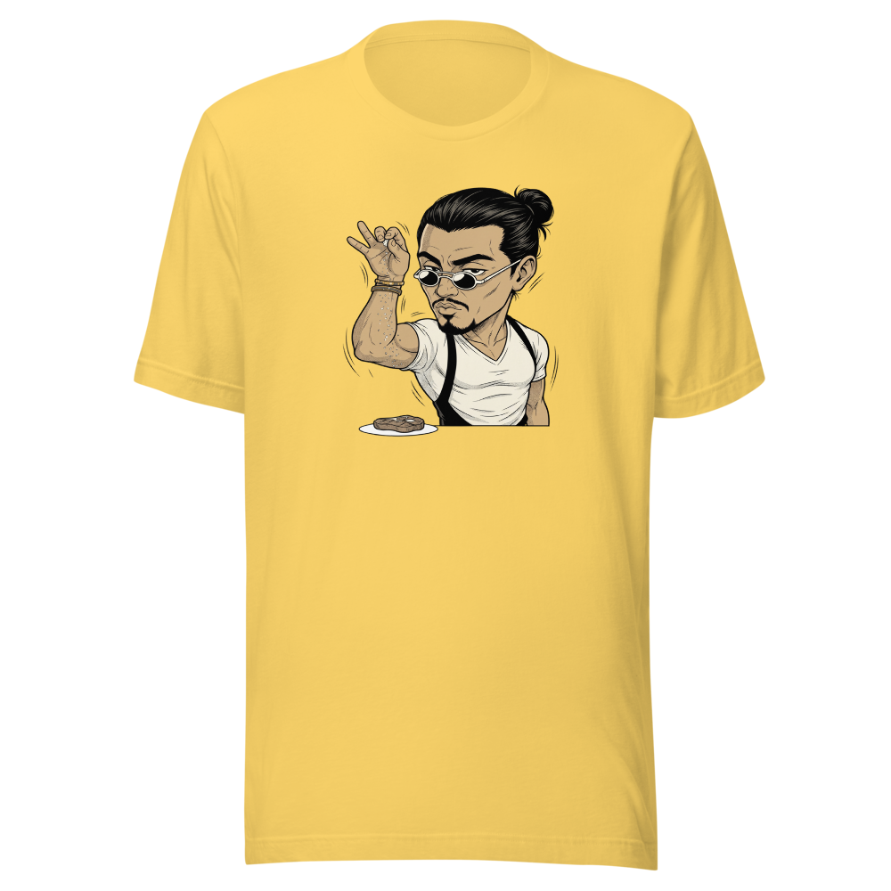 Smug Chef Salt Sprinkle Manga Line Art Meme Tee — yellow front view