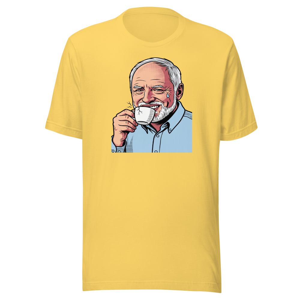 Fake Smile Coffee Guy Halftone Pop Art Meme Tee — yellow front view