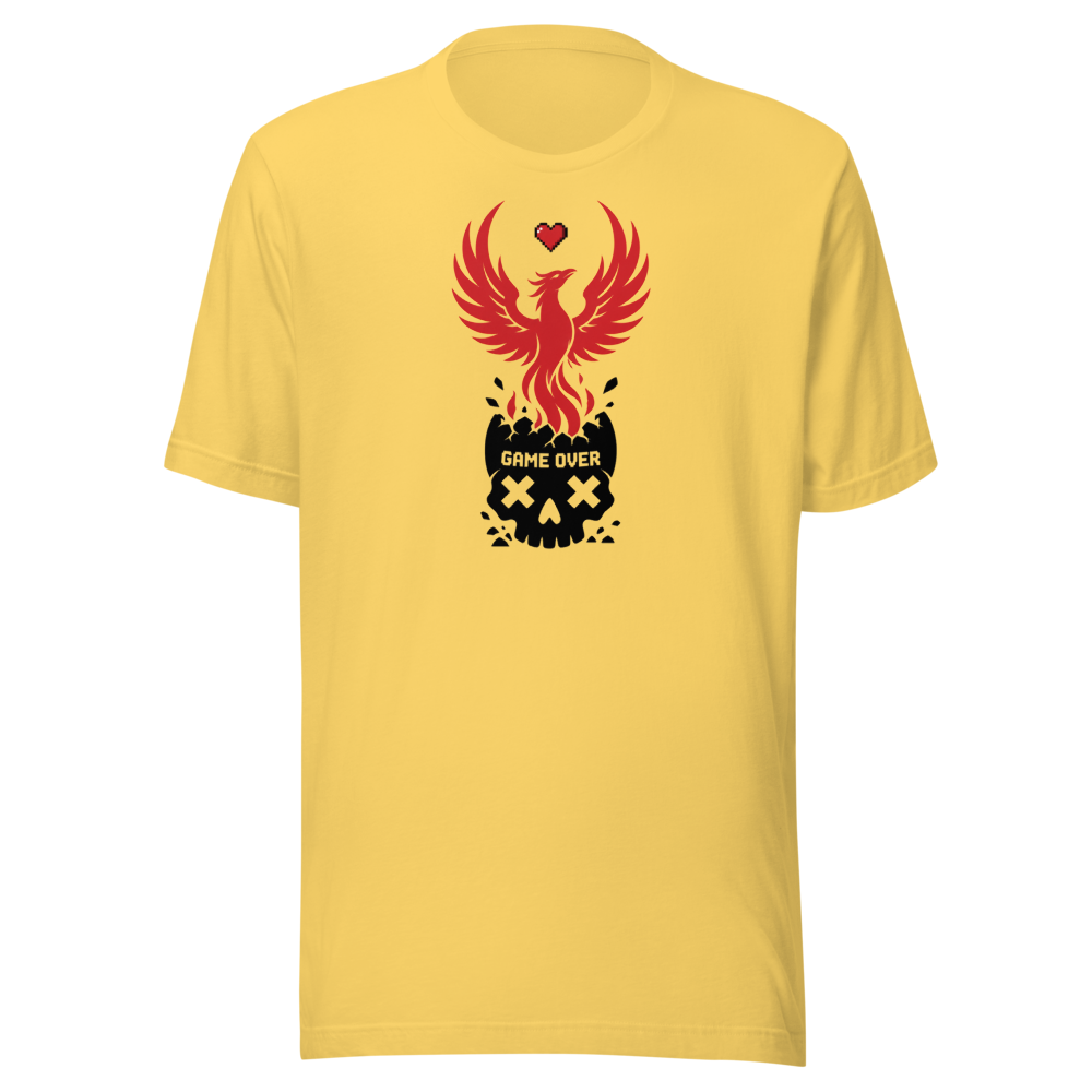 Respawn Firebird Pixel Heart Silhouette Gamer Tee — yellow front view