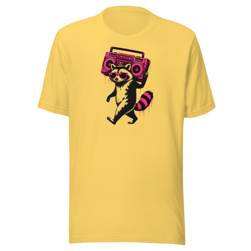 Stencil Raccoon With Boombox Street Art Tee — yellow front view