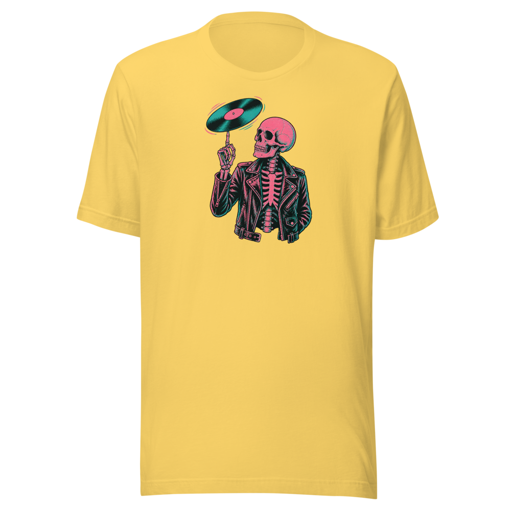 Riso Skeleton Vinyl Spin Gig Poster Punk Rock Tee — yellow front view