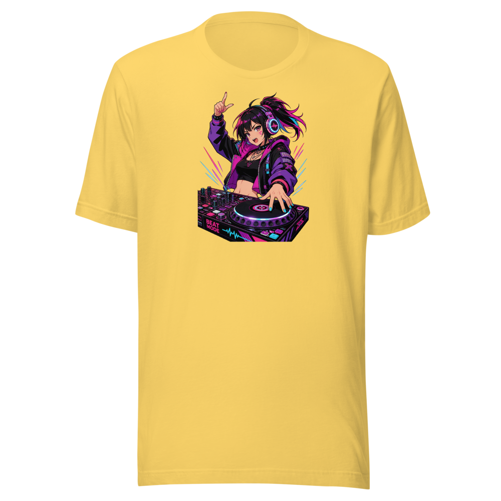 Anime Turntable Girl Synthwave Neon Drop Tee — yellow front view