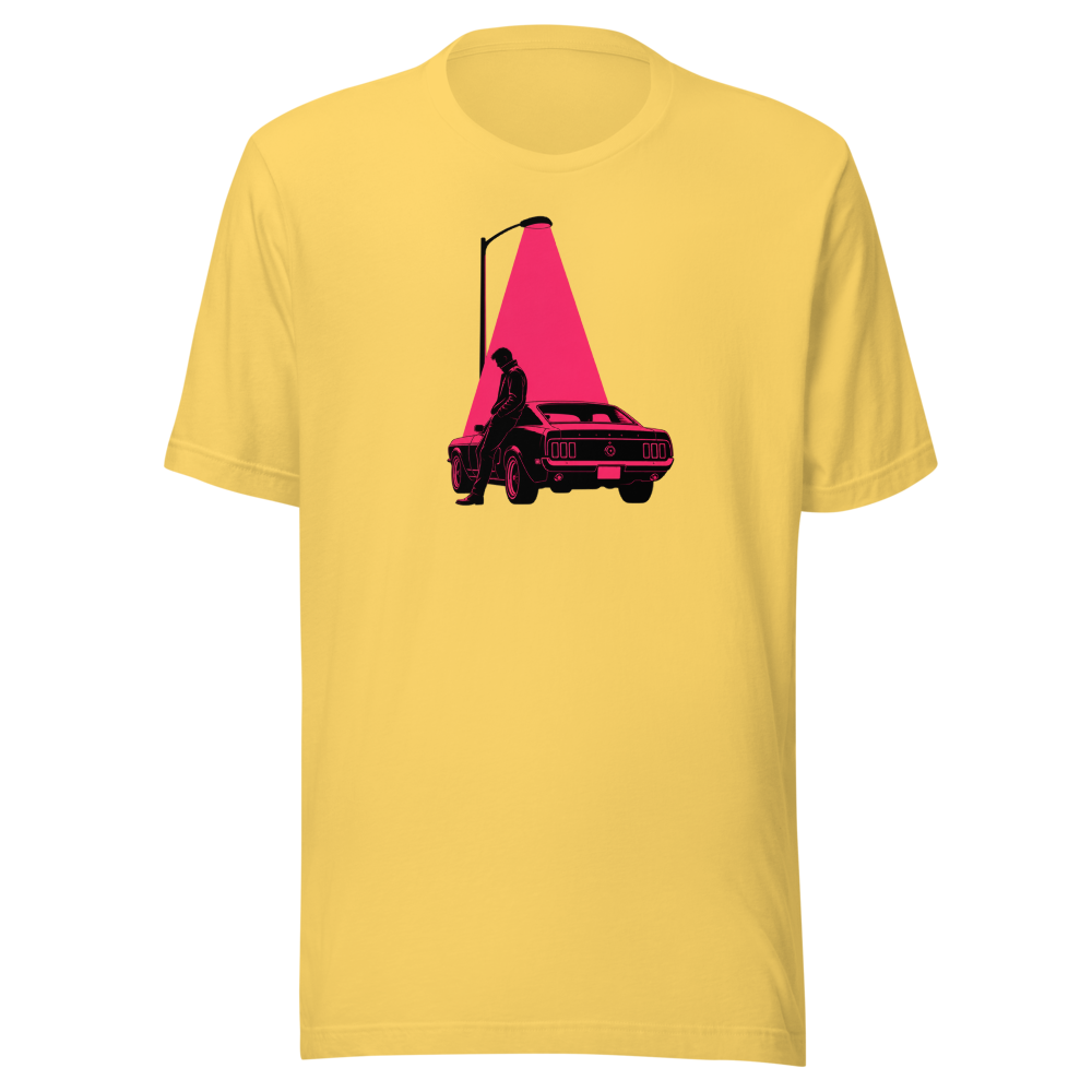 Neon Noir Midnight Driver Muscle Car Silhouette Tee — Premium Tee — yellow front view
