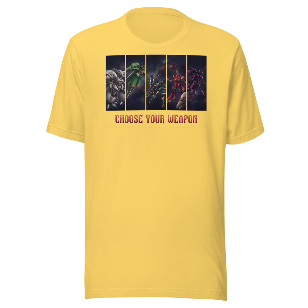 Choose Your Weapon Retro RPG Boss Roster Tee — yellow front view